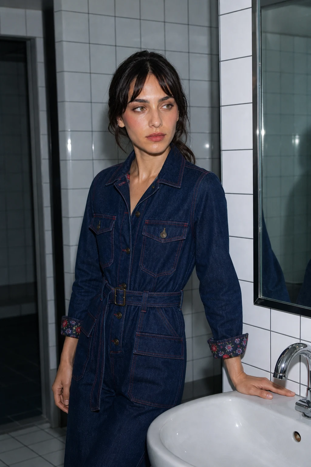 Denim kemerli tulum · banyo karosu, sert flaş