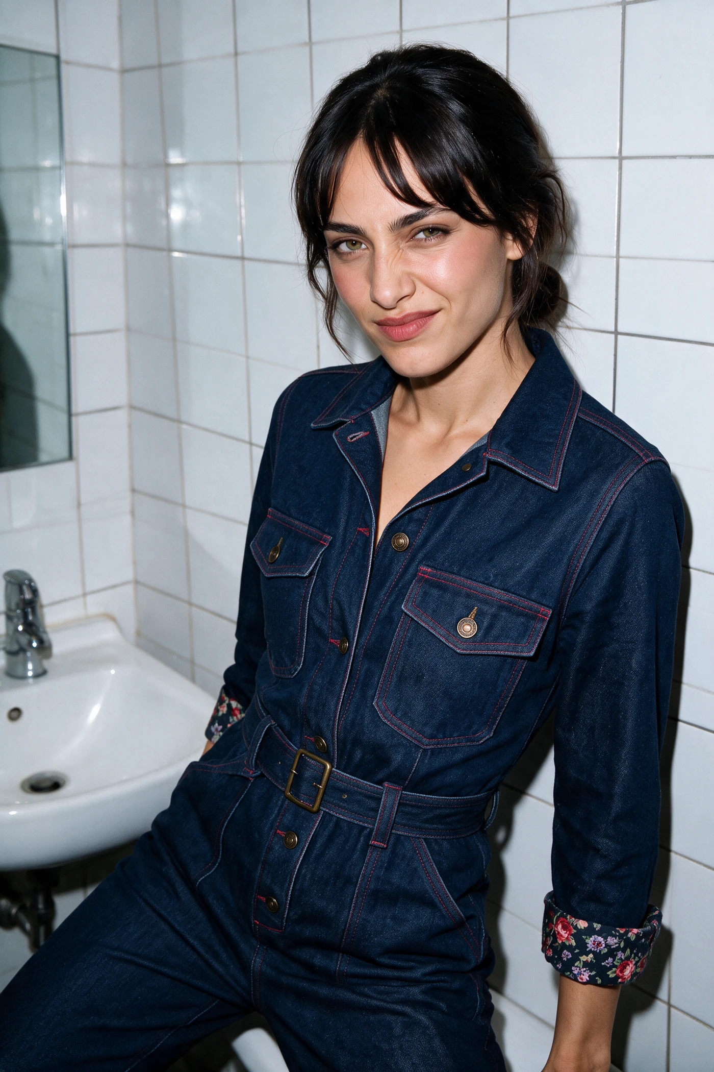Denim kemerli tulum · banyo karosu, sert flaş